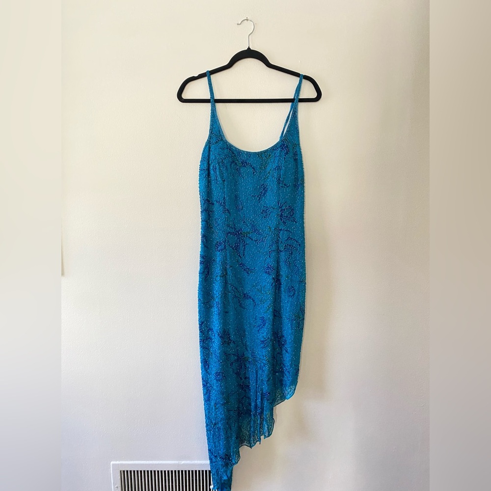 Vintage 1990s / y2k Andretta Donatello Blue Floral Beaded Asymmetrical Hem L